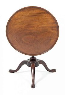 A Diminutive Queen Anne Style Mahogany Tilt-Top Tea Table Height 20 1/8 x diameter 20 3/4 inches.