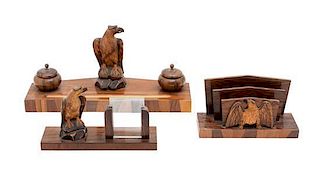 An American Various Woods Desk Set Width of widest 15 inches.