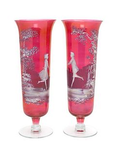 A Pair of Cranberry Cameo Glass Vases Height 12 1/4 inches.
