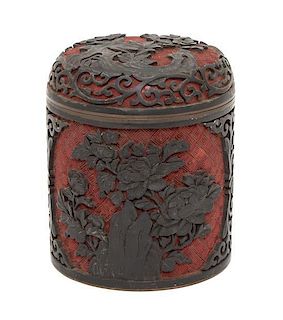 A Cinnabar Lacquer Lidded Box Height 4 1/4 inches.