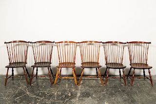 Assembled Set, 6 Fruitwood Windsor Fan Back Chairs