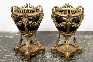 Two Louis XVI Bronze & Ceramic Satyr Head Planters
