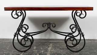 Scrolled Wrought Iron & Wood Console Table, 20th C