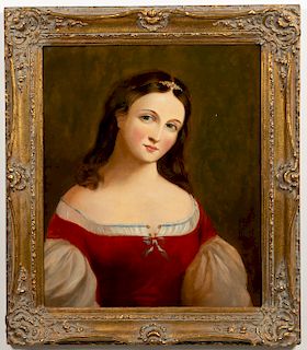 19th C. Oil on Canvas, Portrait of Woman in Red