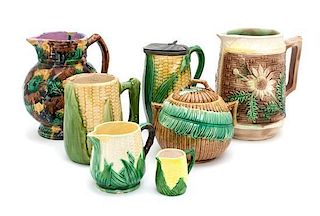 A Collection of Seven Majolica Items Height of first 7 1/8 inches.