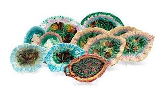 A Group of Eleven Majolica Plates Length of longest 11 7/8 inches.