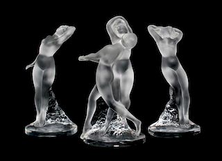 Three Lalique Molded and Frosted Glass Figures Height of largest 10 inches.