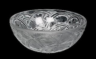 A Lalique Molded and Frosted Glass Bowl Height 3 3/4 x diameter 9 1/4 inches.
