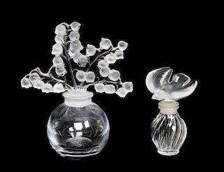 Two Lalique Molded and Frosted Glass Perfumes Height 5 inches.