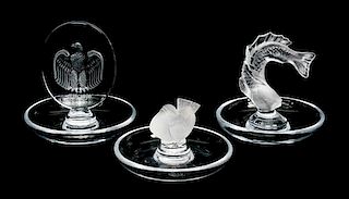 Three Lalique Molded and Frosted Glass Ring Trays Height of tallest 4 inches.