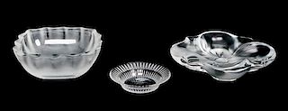 Three Lalique Molded and Frosted Glass Dishes Height of tallest 1 3/4 inches.