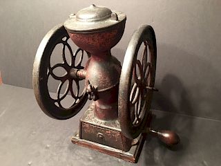 ANTIQUE Large Metal Coffee Grinder, marked. 12" x 8 1/2" x 7 1/2"