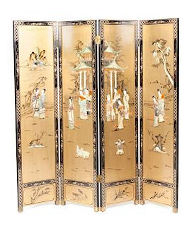 A Chinese Lacquered Four-Panel Floor Screen Height 72 1/4 x width of panel 18 inches.