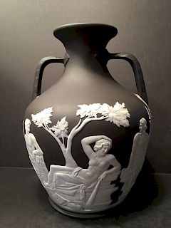 Antique Rare Wedgwood Black Jasper Dip 'Portland' Vase, 19th C. Ca 1877, 10 1/4". Marked on the side
