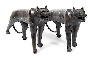 A Pair of South East Asian Bronze Figures of Stalking Tigers Height 30 x length 44 inches.