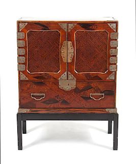 A Japanese Lacquered and Marquetry Inlaid Cabinet on Stand Height 47 1/2 x width 35 1/2 x depth 17 3/4 inches.