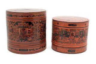 Two Burmese Lacquered Betel Boxes Height of largest 9 7/8 inches.