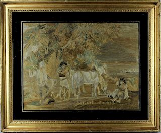 EARLY 19TH CENTURY FRENCH SILK HARVEST FARM SCENE EMBROIDERED PICTURE in Frame