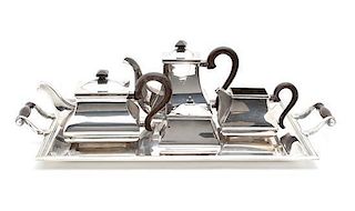An Art Deco Silver-Plate Tea Service Width of tray 24 inches.