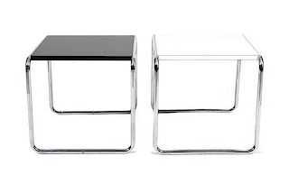 Two Chrome and Veneer Side Tables Height 17 3/4 inches.