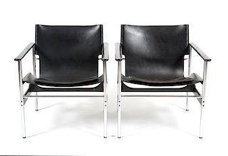 A Pair of Leather Sling Chairs Height 28 inches.