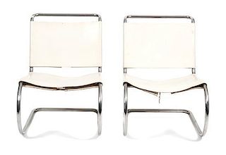A Pair of Upholstered Leather and Chrome Side Chairs Height 30 1/4 inches.