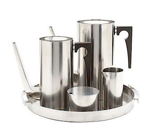 A Danish Stainless Steel Coffee and Tea Service Width of tray over handles 12 inches.