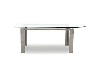 A Metal and Glass Top Dining Table Height 29 x width 78 1/2 x depth 33 1/2 inches.