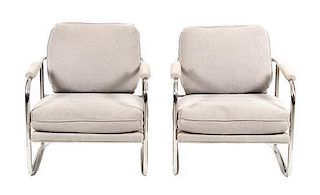 A Pair of Chrome and Upholstered Armchairs Height 31 inches.