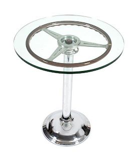 A Jaguar Steering Wheel Side Table Height 25 1/8 x diameter 21 1/8 inches.
