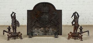 Pair of Figural Andirons and a Cast Iron Fireback
