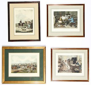 Group of 4 Framed Antique Hand-colored Prints