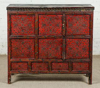 Fine Antique Tibetan Red Painted Wood Cabinet