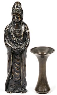 19th c. Chinese Bronze Vase with Silver Inlay and Kwan Yin Statue