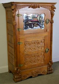 Victorian Carved Oak & Mirrored Icebox.
