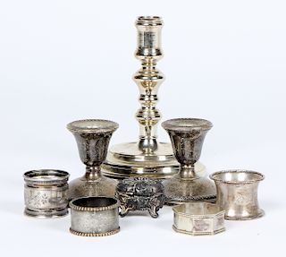 French Christofle Candlestick, Napkin Rings & Accessories