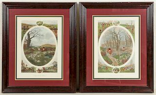 Set of 2 Colored Prints, titled "A day with the Harriers" and "A day with the Fox Hounds"