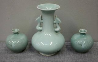 3 Signed Celadon Green Ceramic Vases.