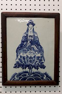 Chinese blue and white porcelain panel of a Guanyin. 19th Century.