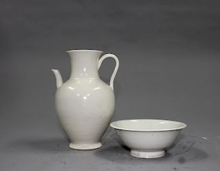 Chinese white glaze porcelain teapot and bowl. 