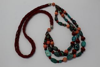 Chinese red coral and turquoise bead necklace.