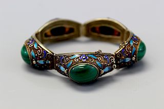 Chinese enameled silver bracelet with malachite inlaid.