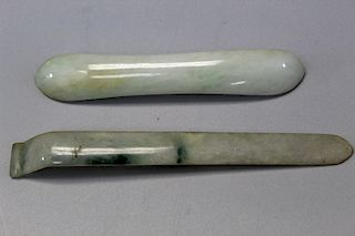 Two Chinese carved jadeite hair pins, Qing Dynasty.