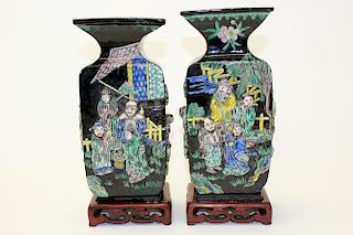 Pair of Chinese black glazed famille verte porcelain