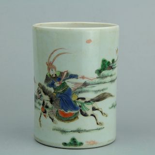 Chinese famille verte porcelain brush pot. 