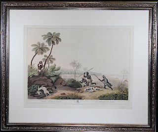 "Chase After a Wolf" Antique Colored Engraving