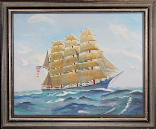 Signed 20th C. Painting of a Clipper Ship at Sea