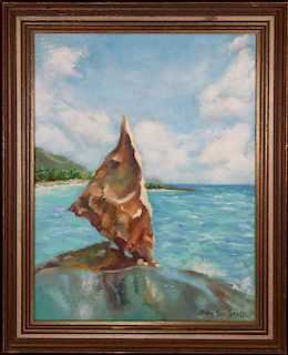 Mary Behler, 20th C. Coastal Painting w/ Sailboat