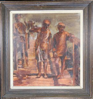 20th C. Signed Painting, Boys on Fishing Dock