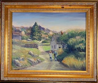 20th C. Signed Painting, Figures Along Pathway
